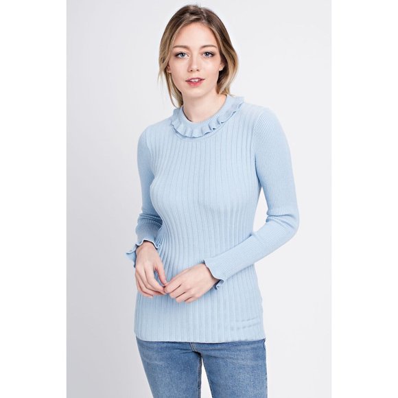 Women's Casual Ruffled Ribbed Turtle Neck Long Sleeve Sweater - Picture 6 of 8